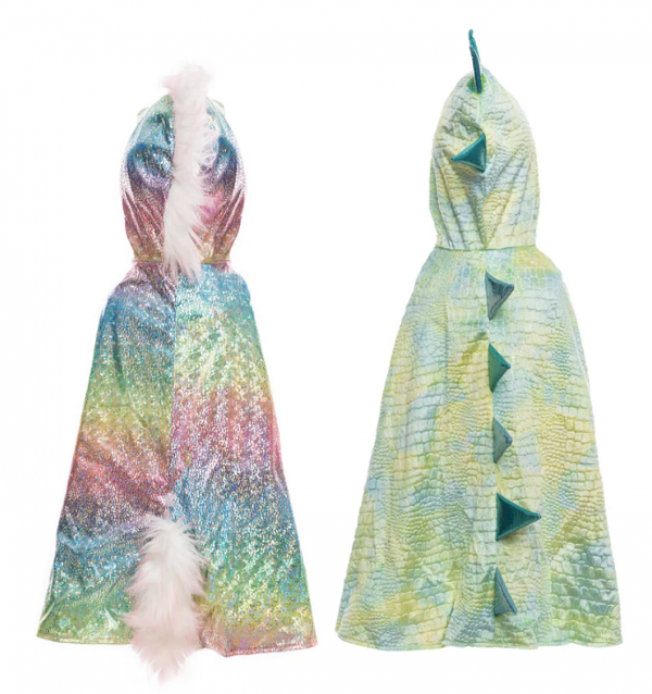 Capa reversible unicornio arcoíris y dragón verde