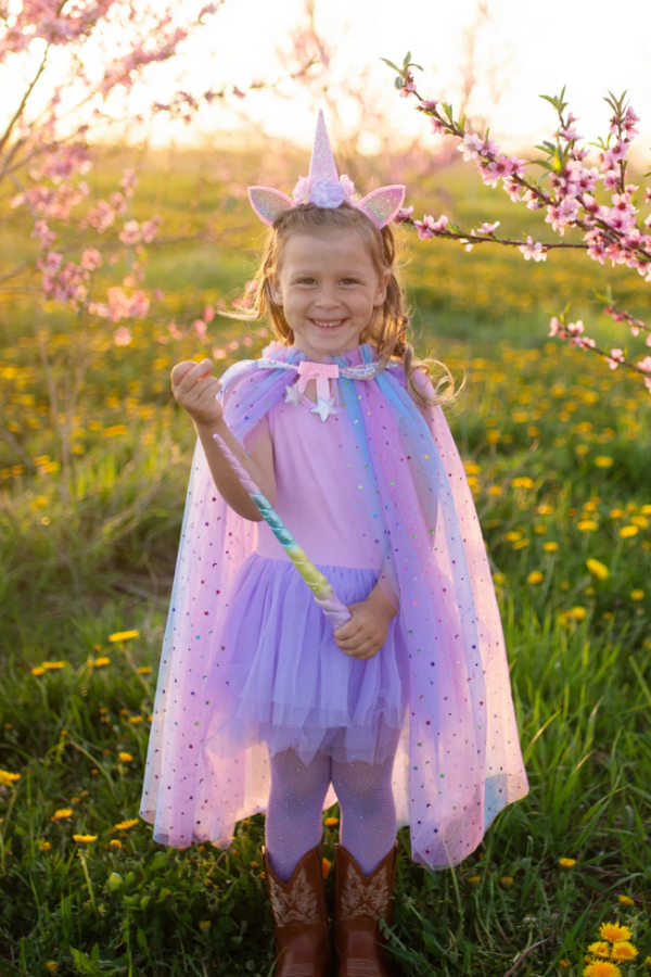 Capa y diadema de unicornio arcoíris